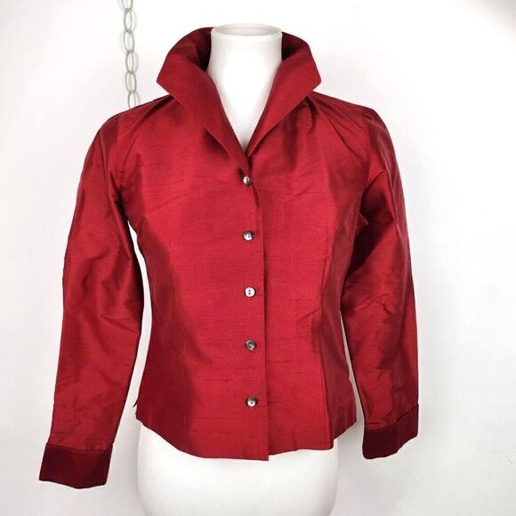 Talbots Petites Pure Silk Red Long Sleeve Button Down Shirt Top Womens 4P - Picture 1 of 6